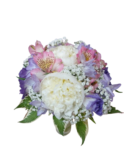 Buchet Cununie Cu Bujori – alb și mov, cu alstroemeria, lisiantus și gipsophila