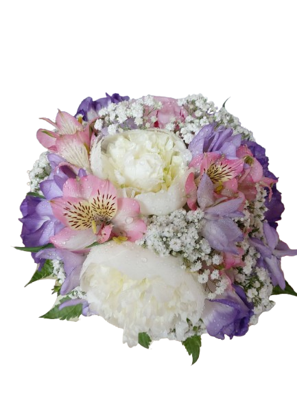 Buchet Cununie Cu Bujori – alb și mov, cu alstroemeria, lisiantus și gipsophila - imagine 2