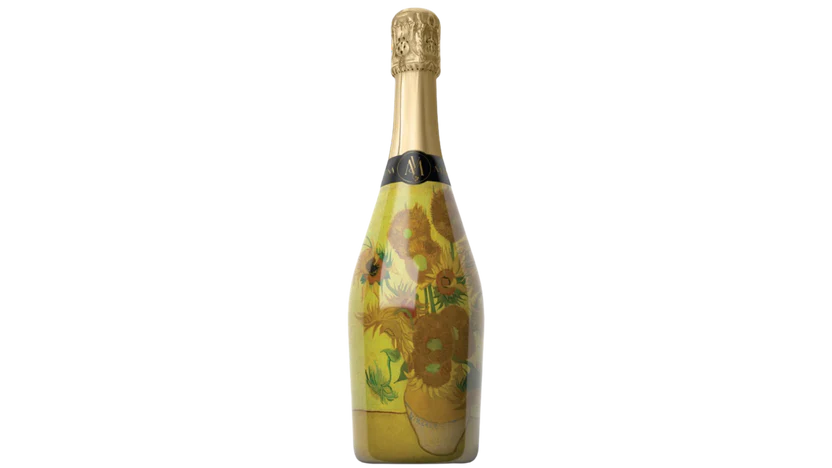 Sun Flowers (van Gogh) – vin spumant elegant în sticlă pictată | Floraria Mariei